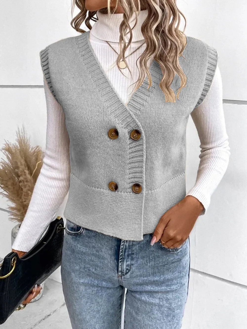 Full Size Button Up V-Neck Sweater Vest 