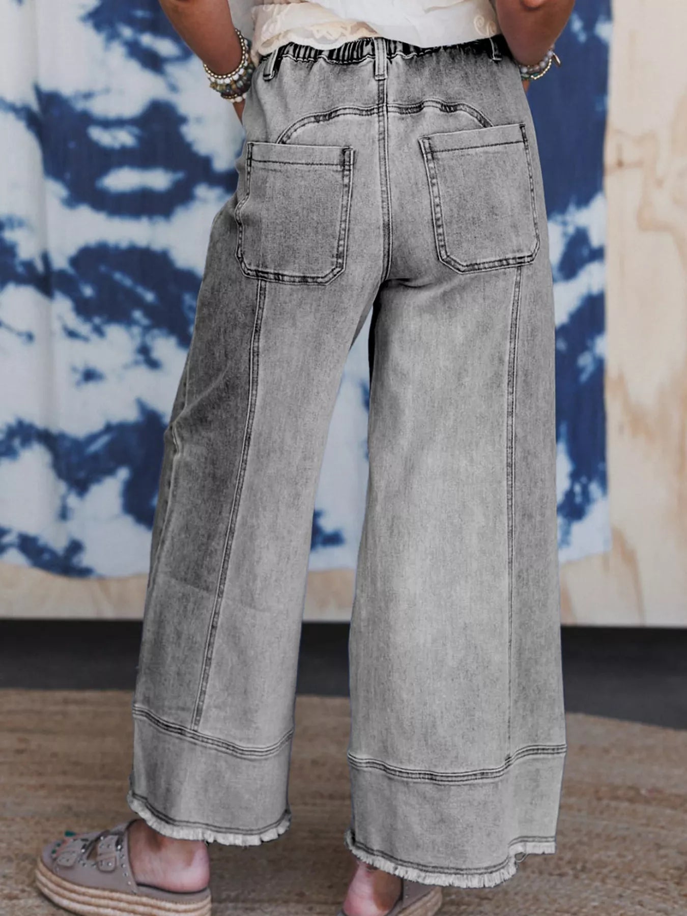 Wide Leg Drawstring Raw Hem Jeans 