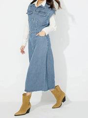 Slit Half Button Collared Neck Cap Sleeve Denim Dress 
