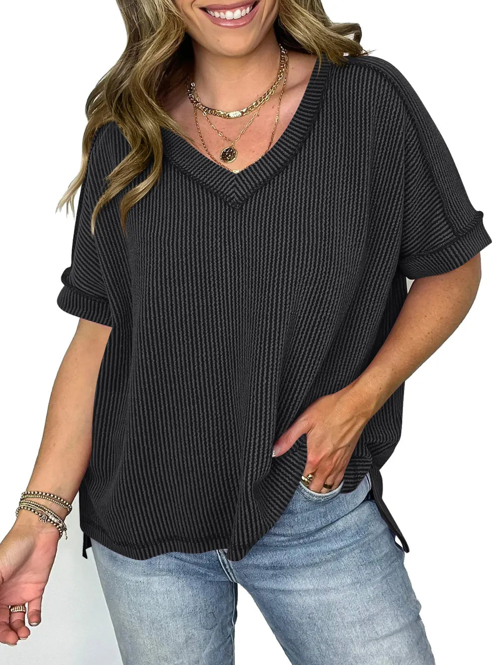Cord Ribbed V-Neck Short Sleeve T-Shirt 