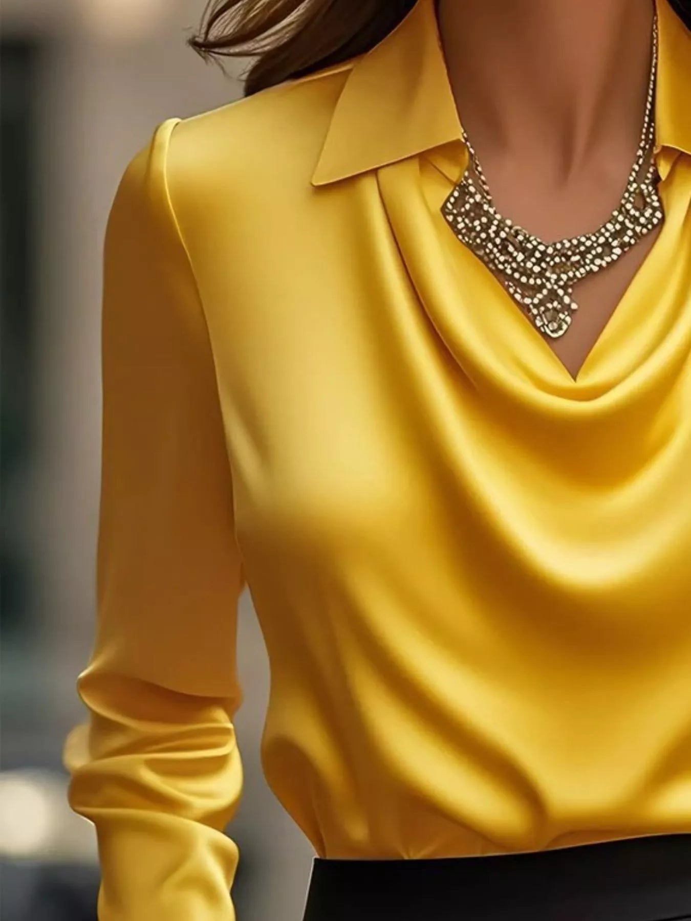 Ruched Long Sleeve Drape Collar Blouse 