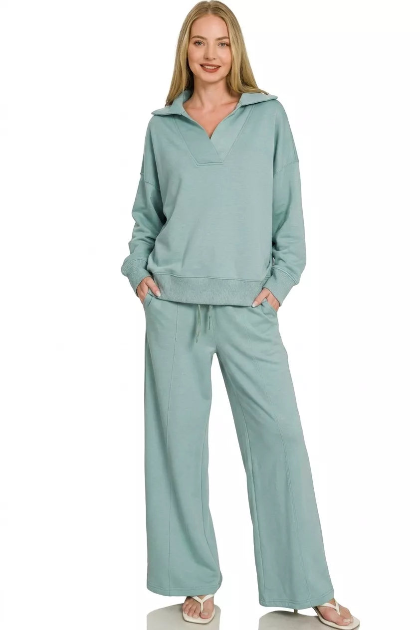 Zenana Scuba Collared Pullover & Center Seam Pants Set 