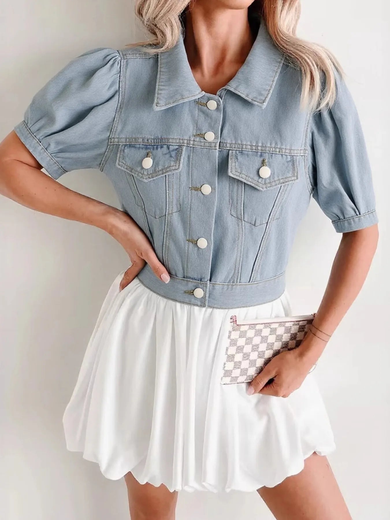 Button Up Puff Sleeve Cropped Denim Jacket 