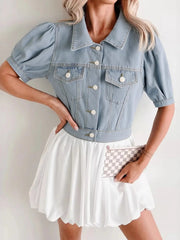 Button Up Puff Sleeve Cropped Denim Jacket 