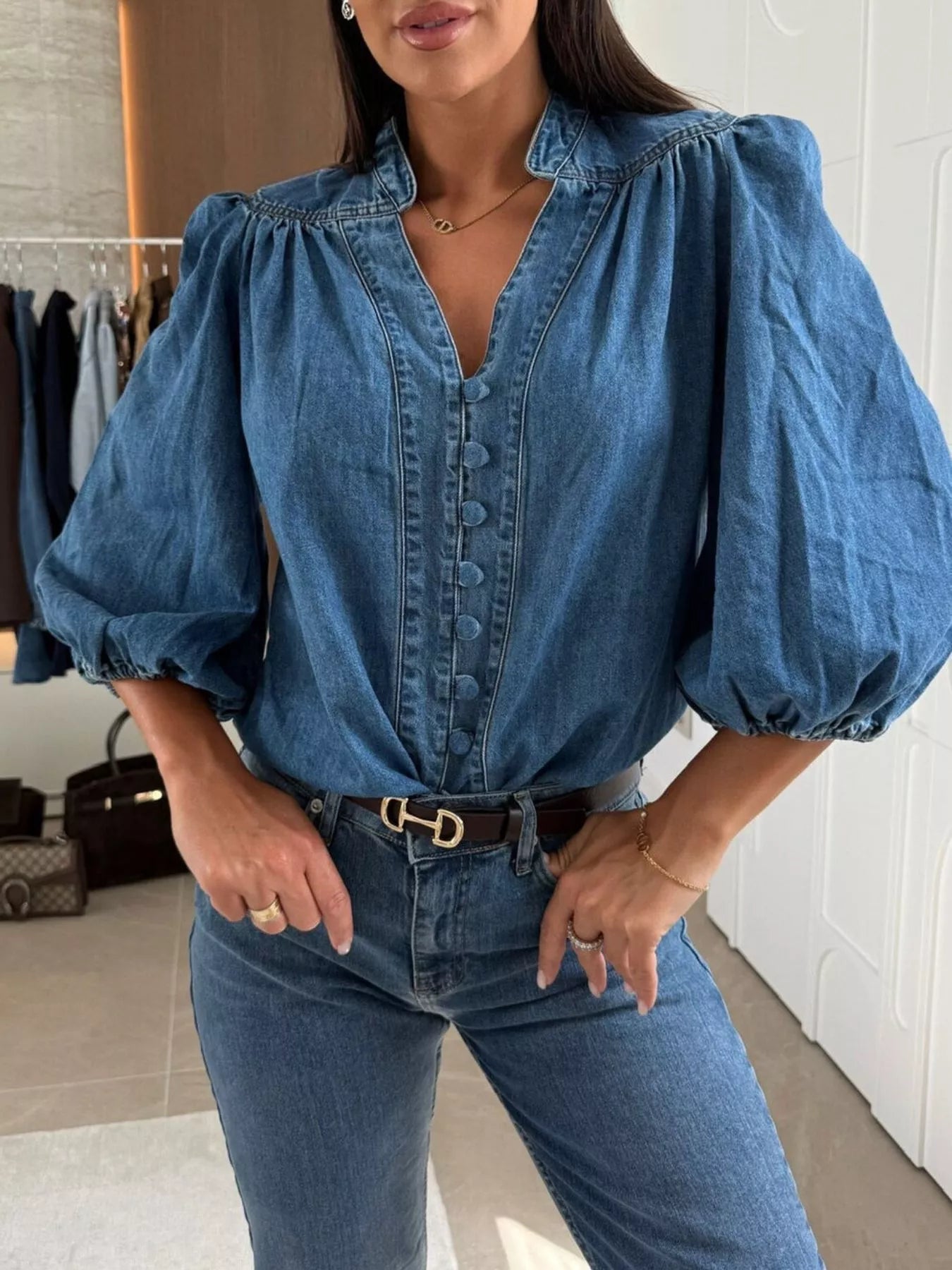 Button-Down Puff Sleeve Denim Top 
