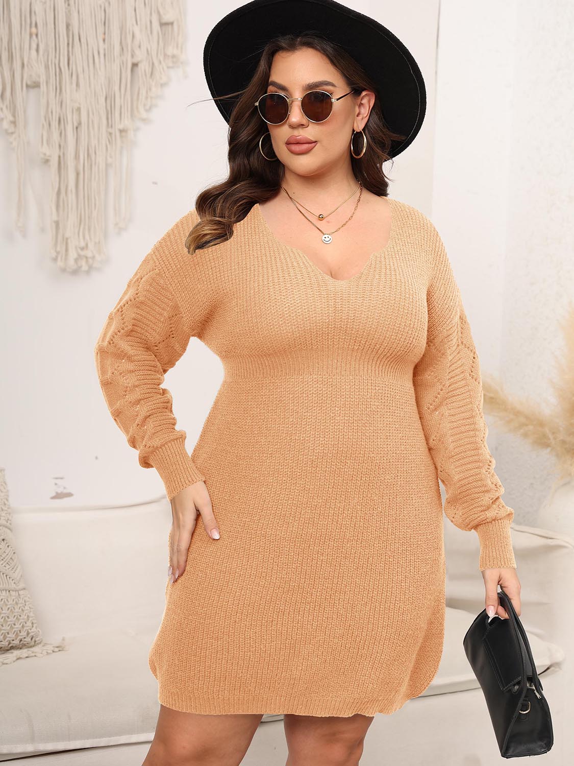 Plus Size Dropped Shoulder Long Sleeve Knit Mini Dress 