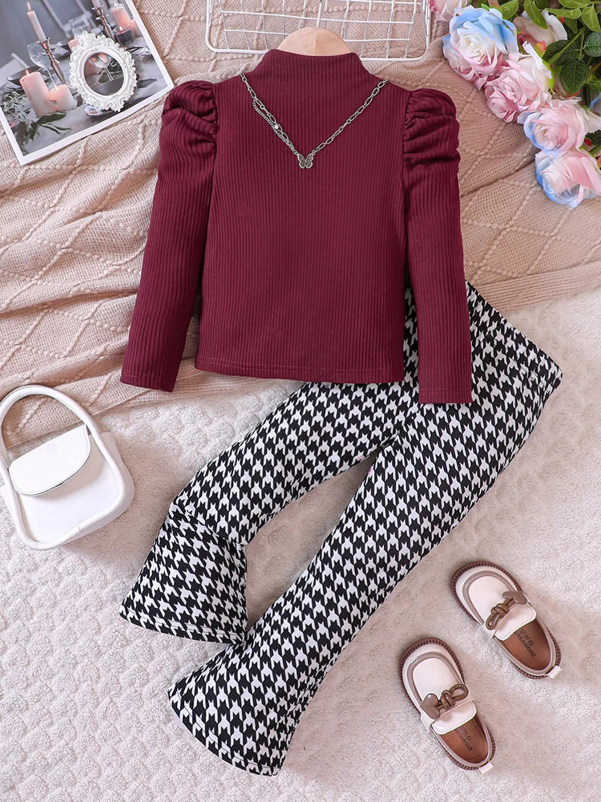Children's Long Sleeve Top & Houndstooth Pants Set 