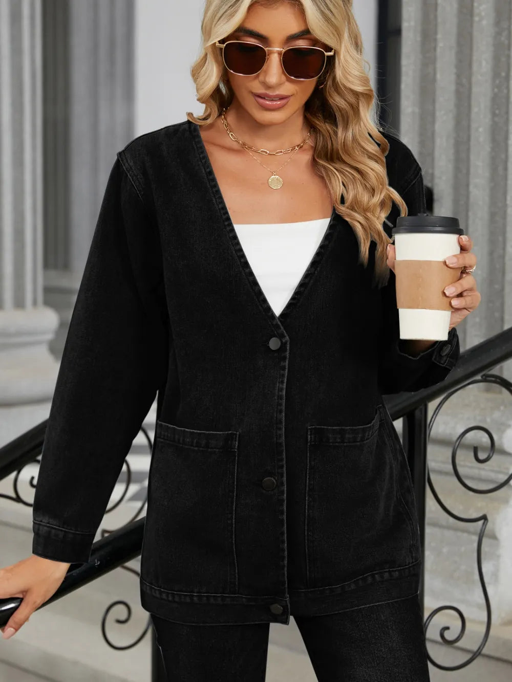 Pocketed V-Neck Button Up Denim Jacket 