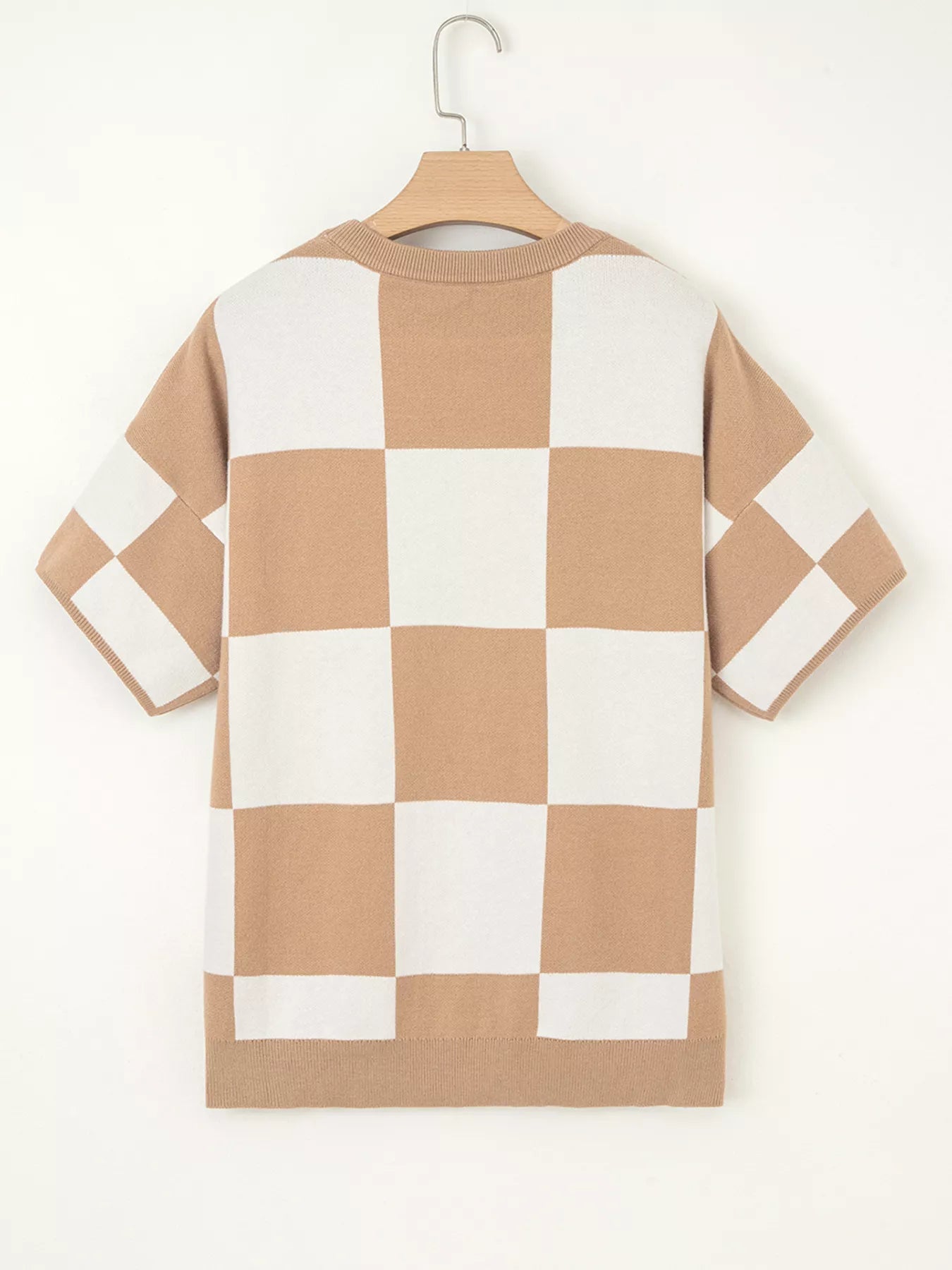 Checkered Pattern Loose Drop Shoulder Half Sleeve Sweater 