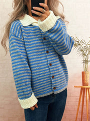 Striped Knit Button Down Cardigan with Collar 