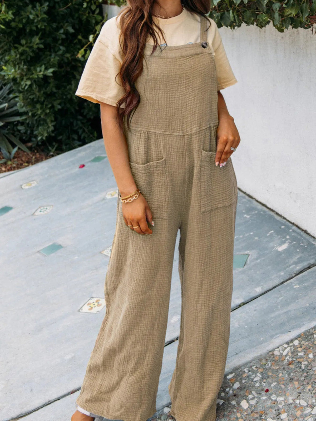 Full Size Casual Wide Leg Textured Overalls Plus Size 