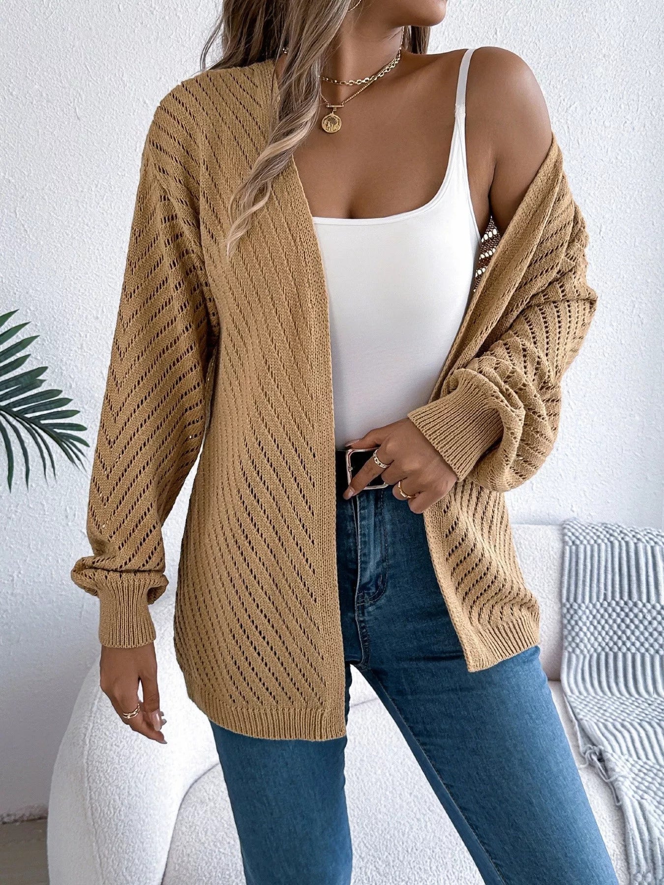 Openwork Open-Front Long Sleeve Cardigan 