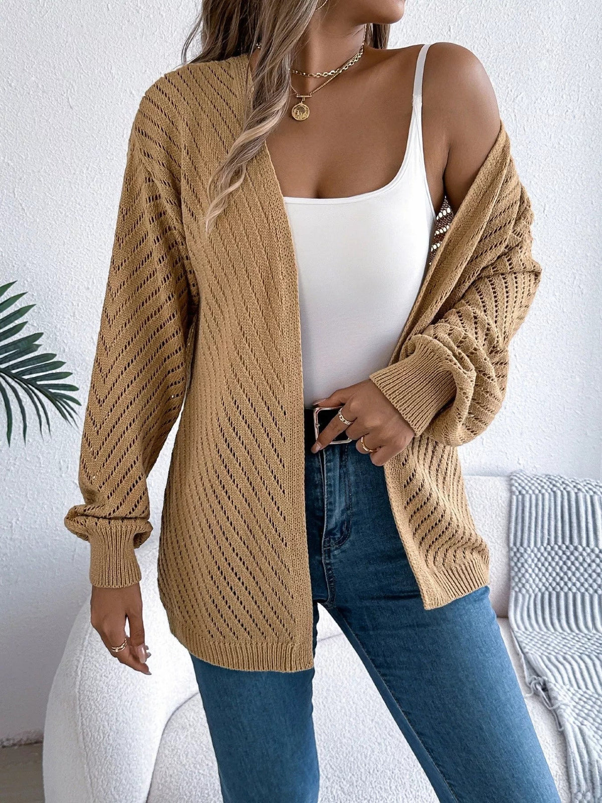 Openwork Open-Front Long Sleeve Cardigan 
