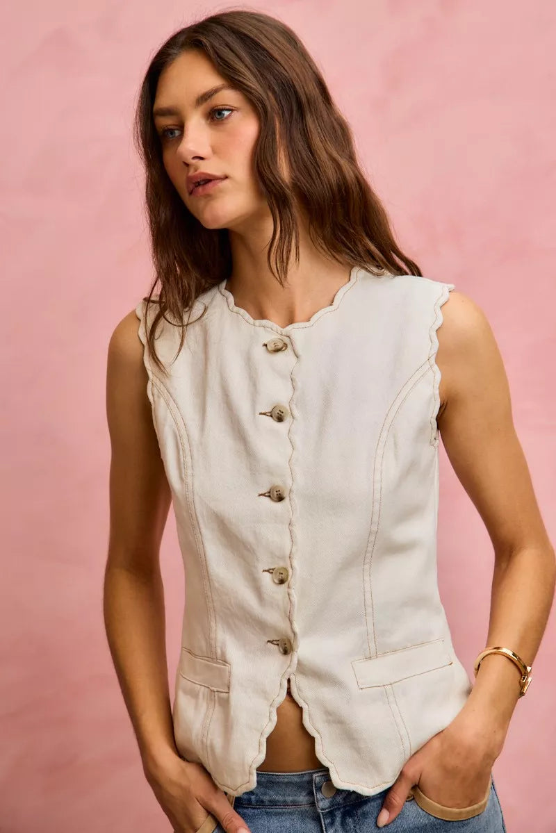 SO ME Scalloped Edge Cotton Twill Washed Vest Top 