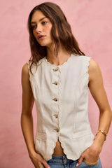 SO ME Scalloped Edge Cotton Twill Washed Vest Top 
