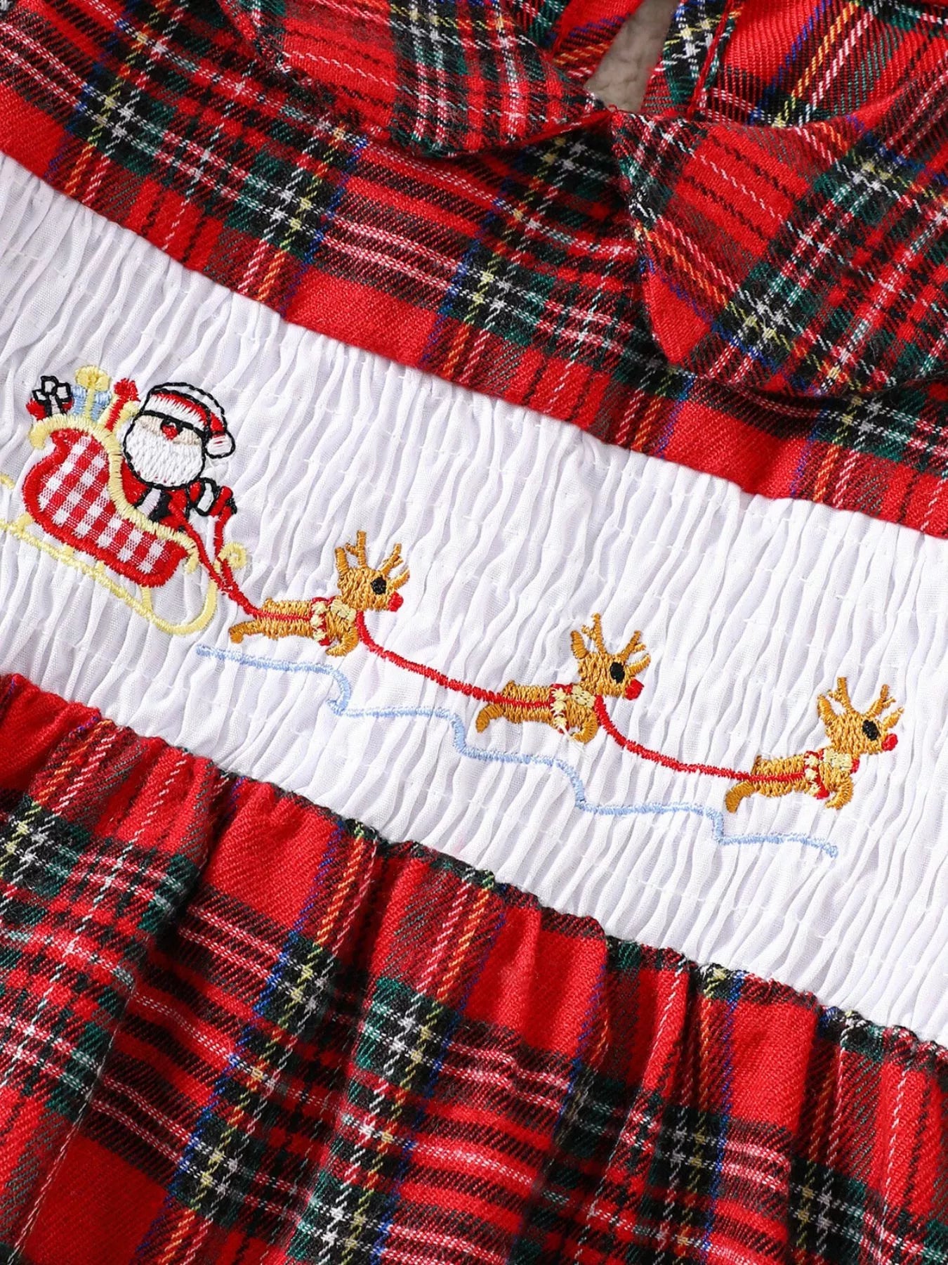 Children's Christmas Plaid Embroidered Smocked Dress 