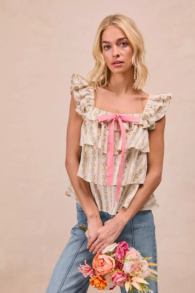 BiBi Floral Printed Woven Front Bow Tied Ruffled Square Neck Sleeveless Top 