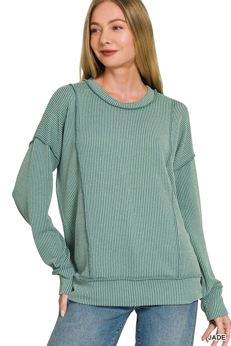 Zenana Corded Rib Long Sleeve Round Neck Top 