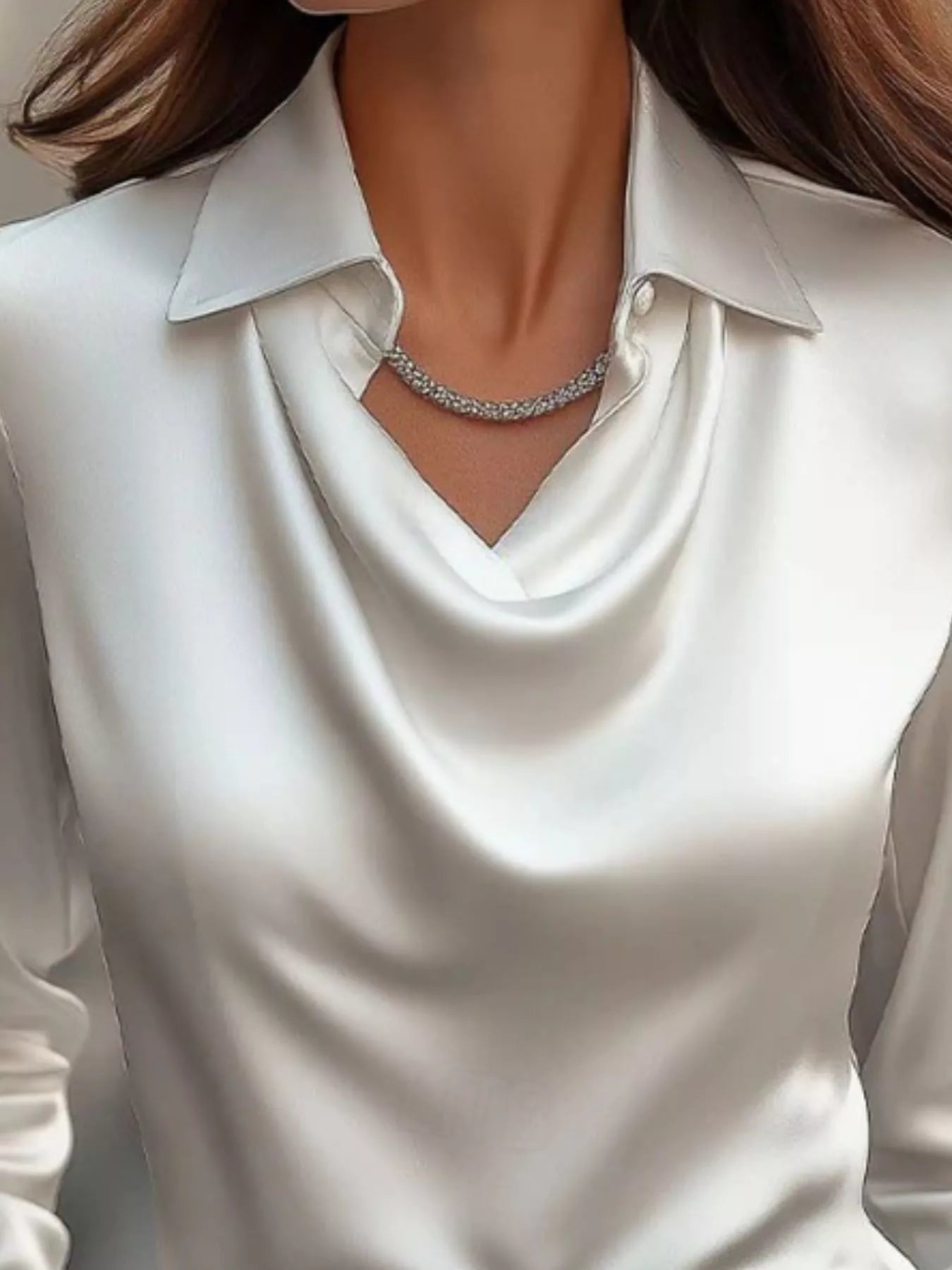 Ruched Long Sleeve Drape Collar Blouse 