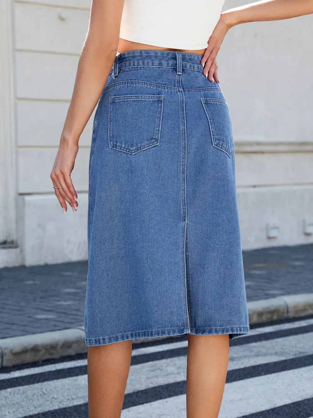 Slit Back Midi Denim Skirt 
