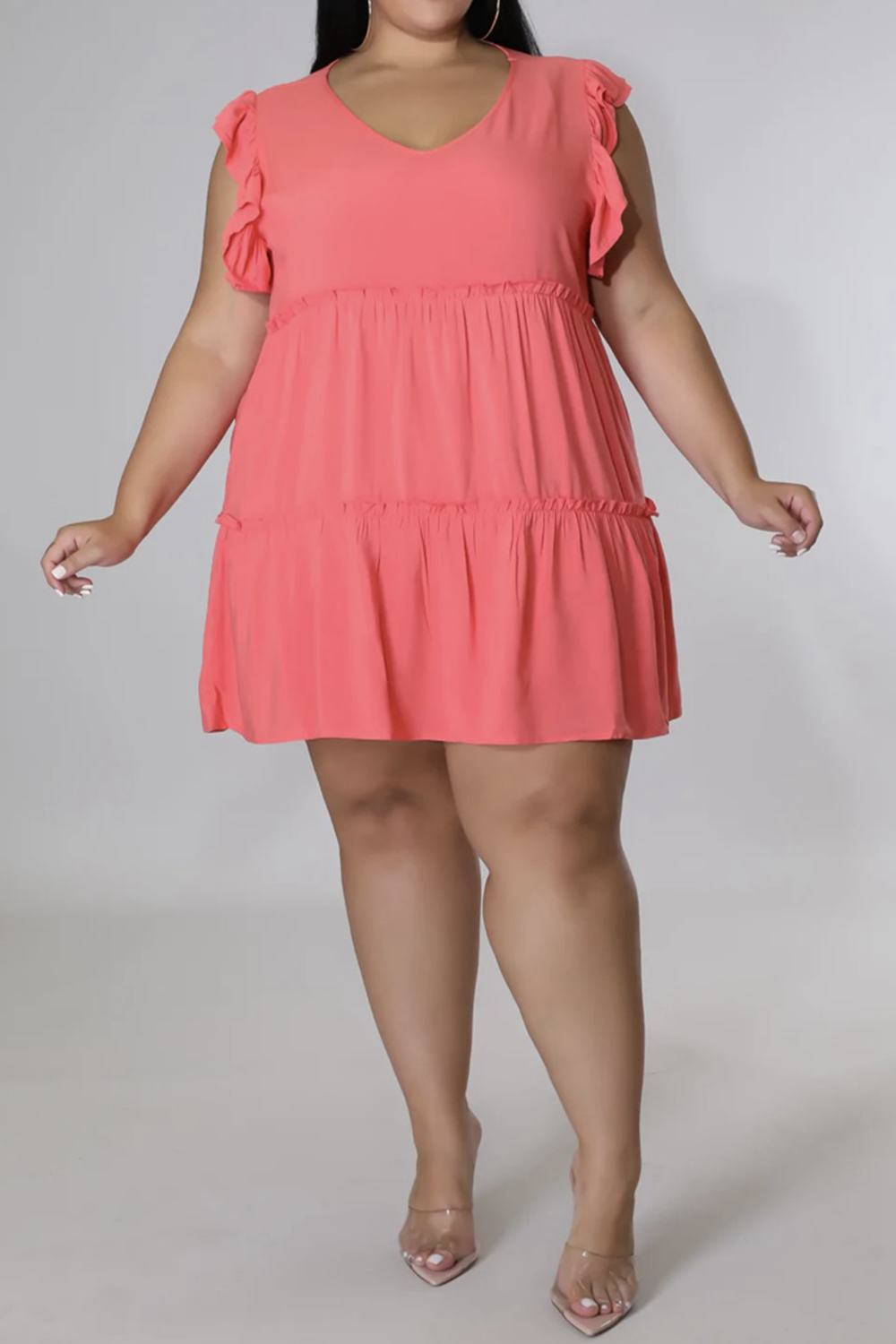 Plus Size V-Neck Frill Trim Mini Dress 