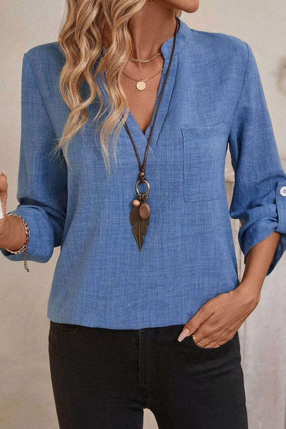 Casual Roll-Up Sleeve Notched Blouse 