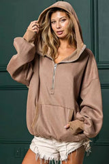 BiBi Stitch Detailed Elastic Hem Half Zip Fleece Hoodie 