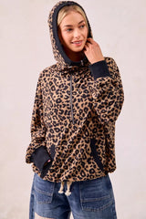 BiBi Leopard Print Waffle Half Zip Up Hoodie W Pocket 