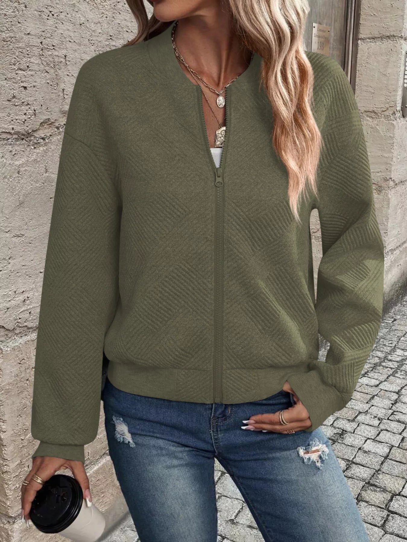 Full Size Zip Up Long Sleeve Textured Jacket Plus Size 