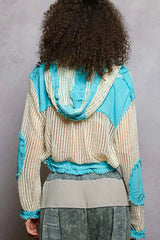 POL Texture Woven Button Down Hooded Shirt with Drawstring Hem 