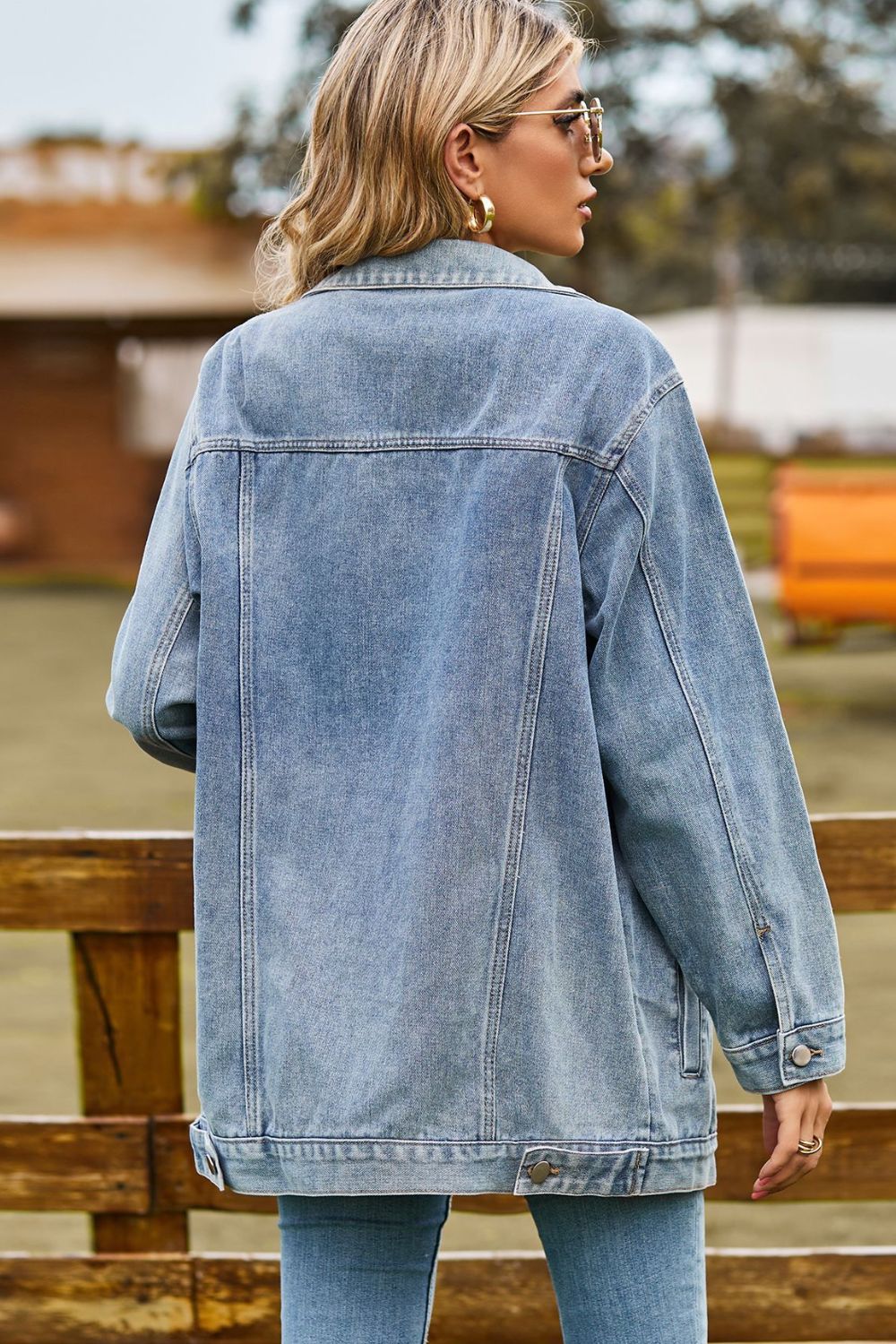 Buttoned Collared Neck Denim Jacket with Pockets 