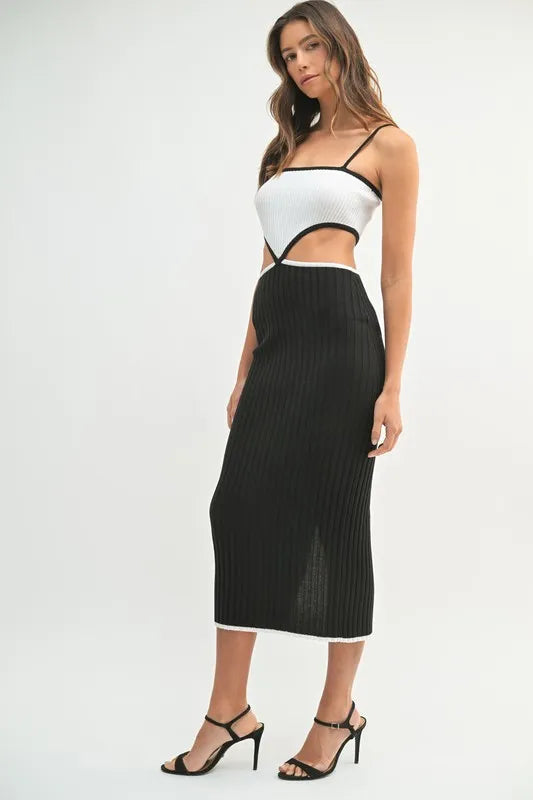 MABLE Ribbed Knit Color Block Cutout Midi Dress 