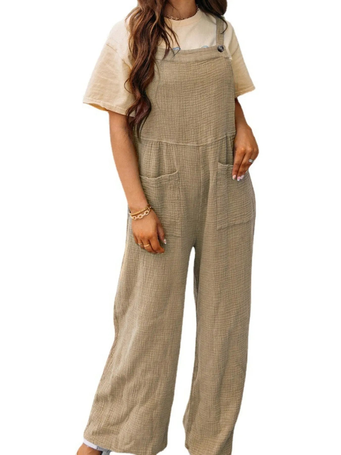 Full Size Casual Wide Leg Textured Overalls Plus Size 