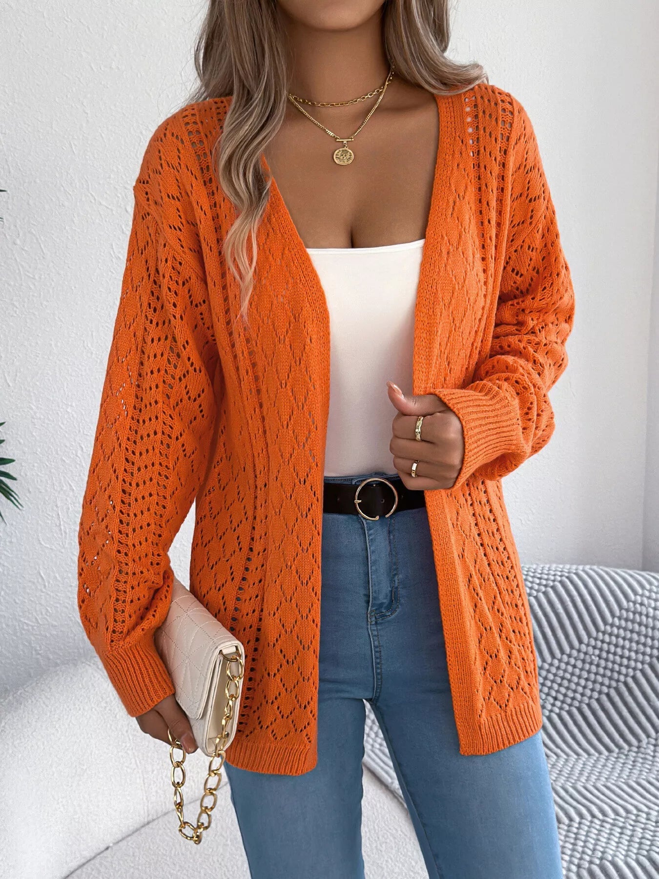 Openwork Open-Front Long Sleeve Cardigan 