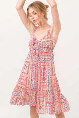 And The Why Tied Front Smocked Back Tiered Boho Printed Dress 
