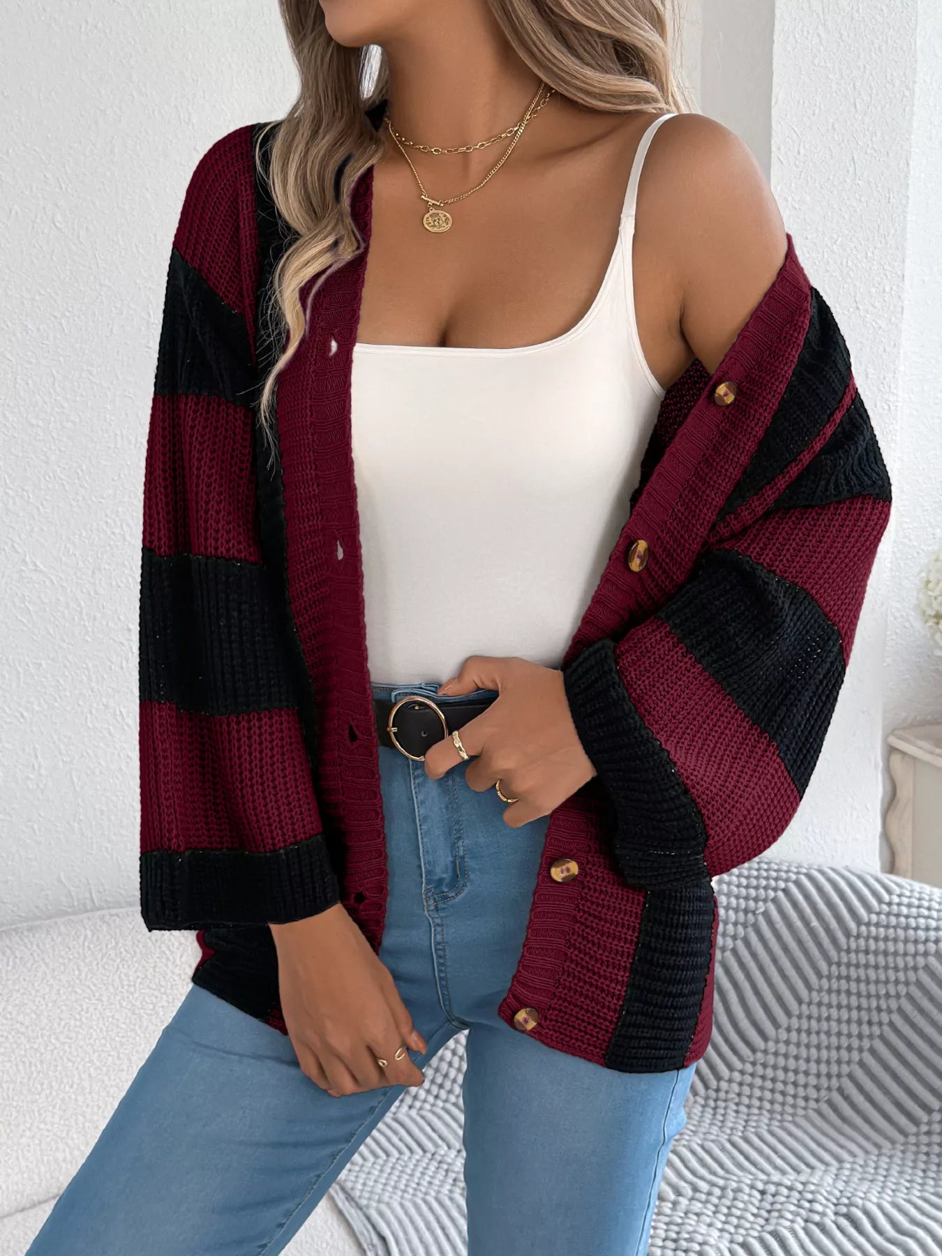Color Block Button-Up Cardigan 