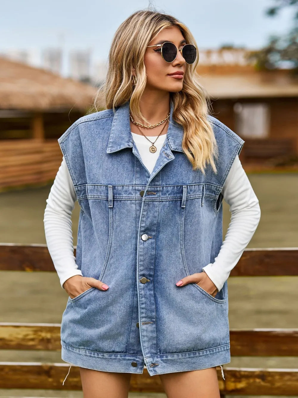 Button Up Collared Neck Sleeveless Denim Jacket 
