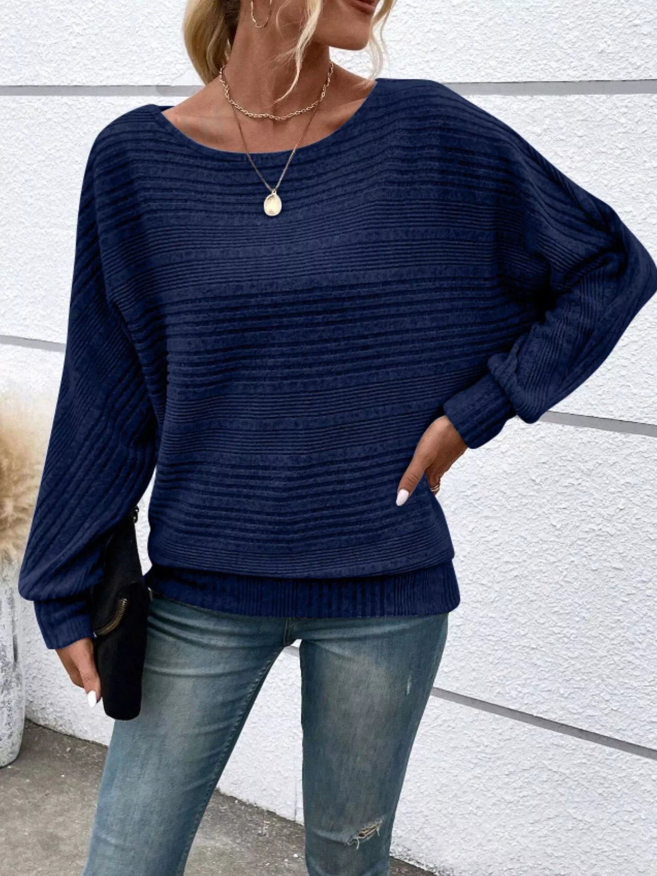 Ribbed Round Neck Long Sleeve Top 
