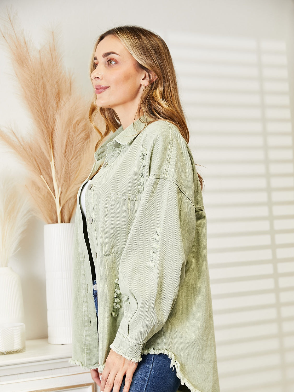 Distressed Raw Hem Denim Jacket 