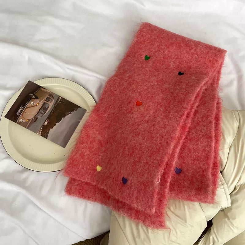 Heart-Embellished Fuzzy Knit Scarf 