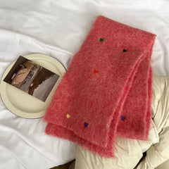 Heart-Embellished Fuzzy Knit Scarf 
