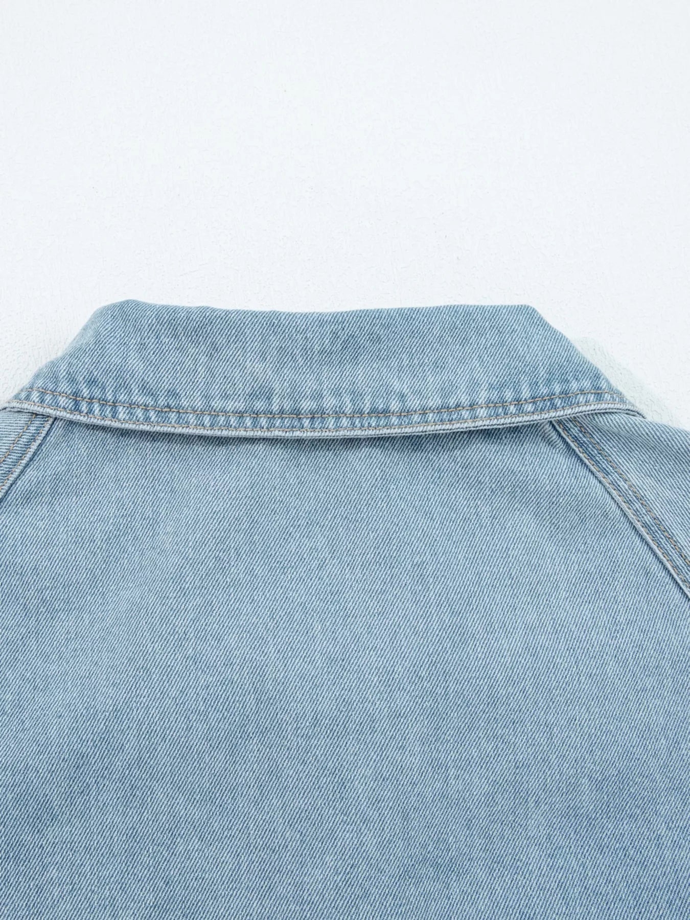 Elastic Edge Collared Zip Up Denim Jacket With Pocket 