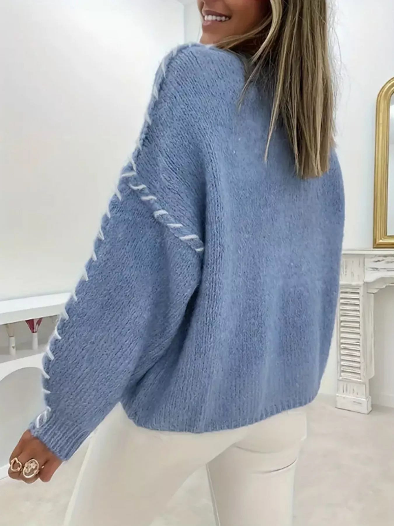 Contrast Stitching Dropped Shoulder Sweater 
