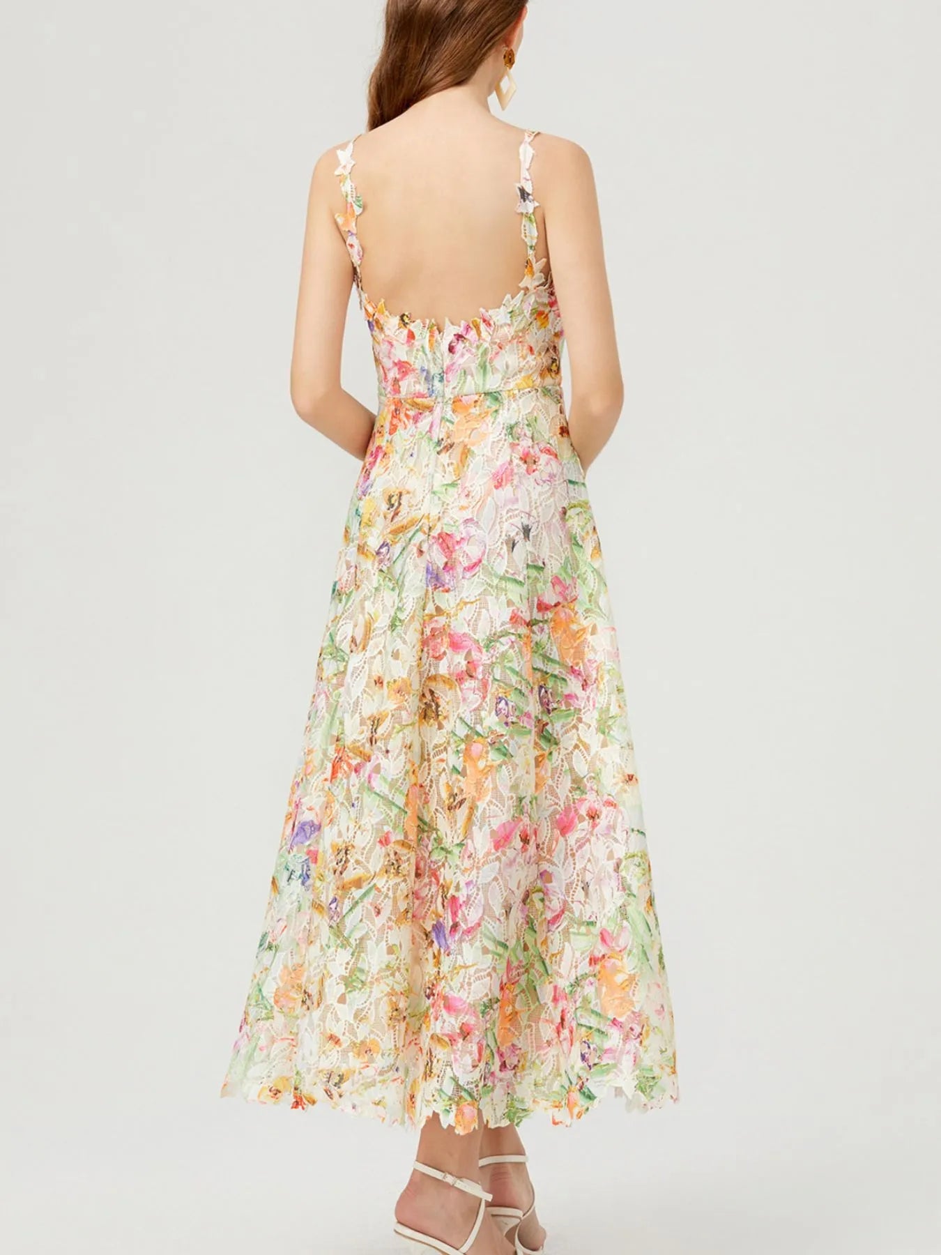 Floral Lace Sleeveless V-Neck Midi Dress 
