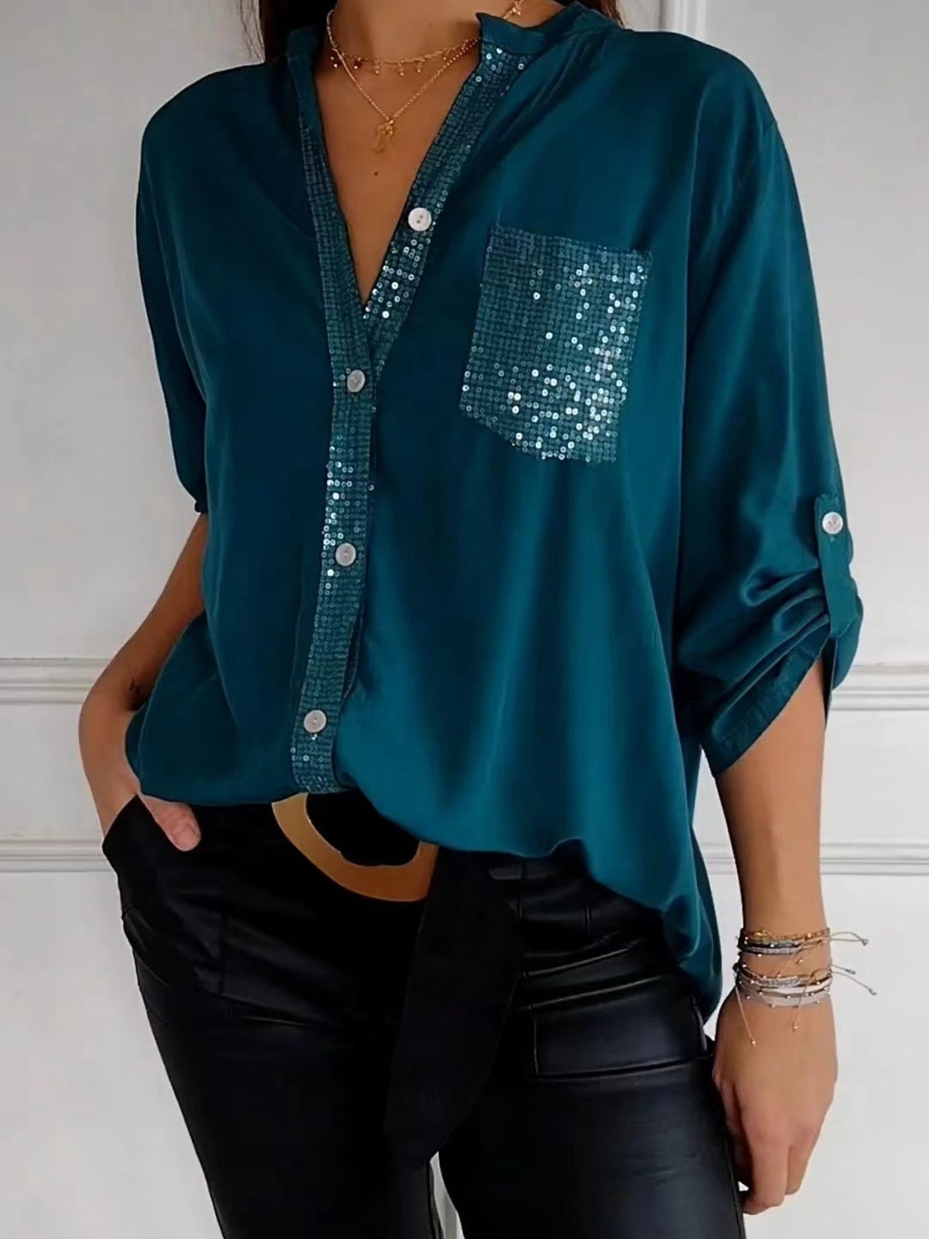 Full Size Sequin Detail Button-Down Shirt Plus Size 
