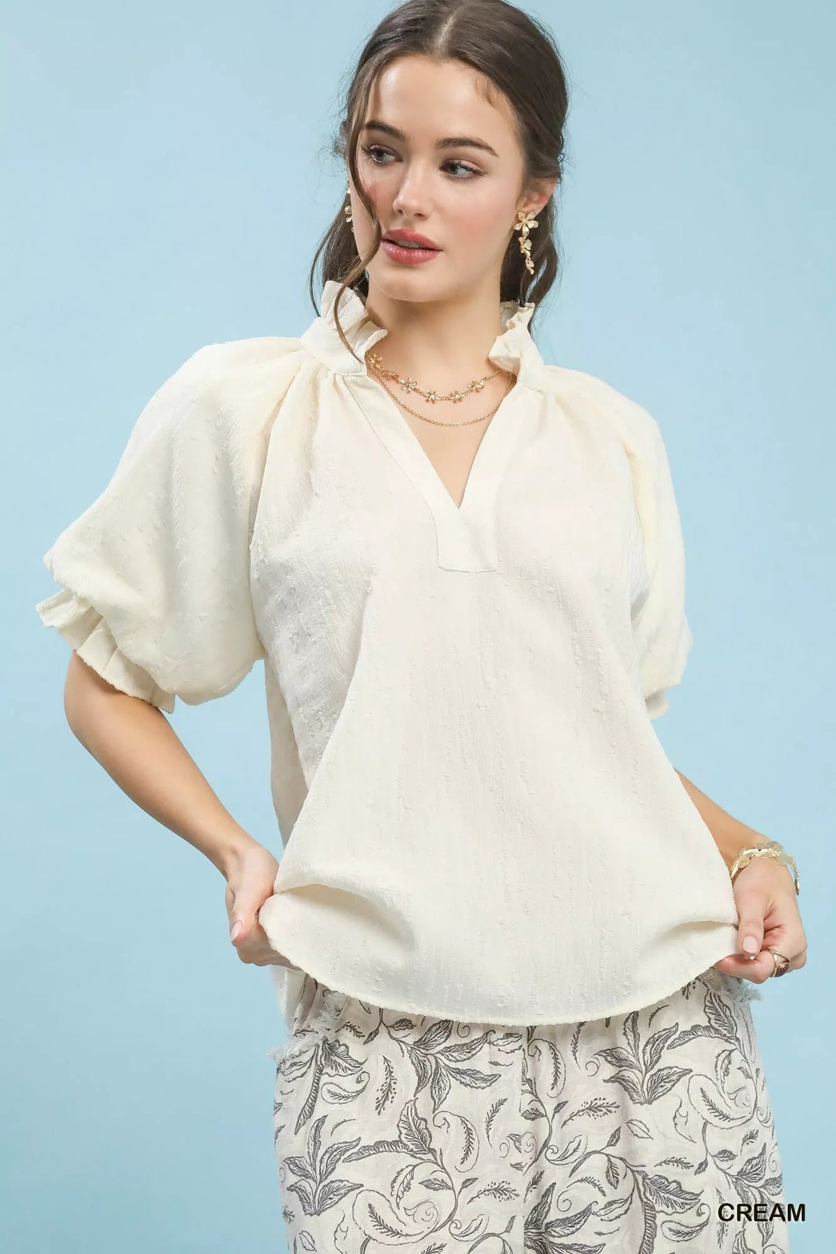 Umgee Textured Puff Sleeve Split Neck Top 