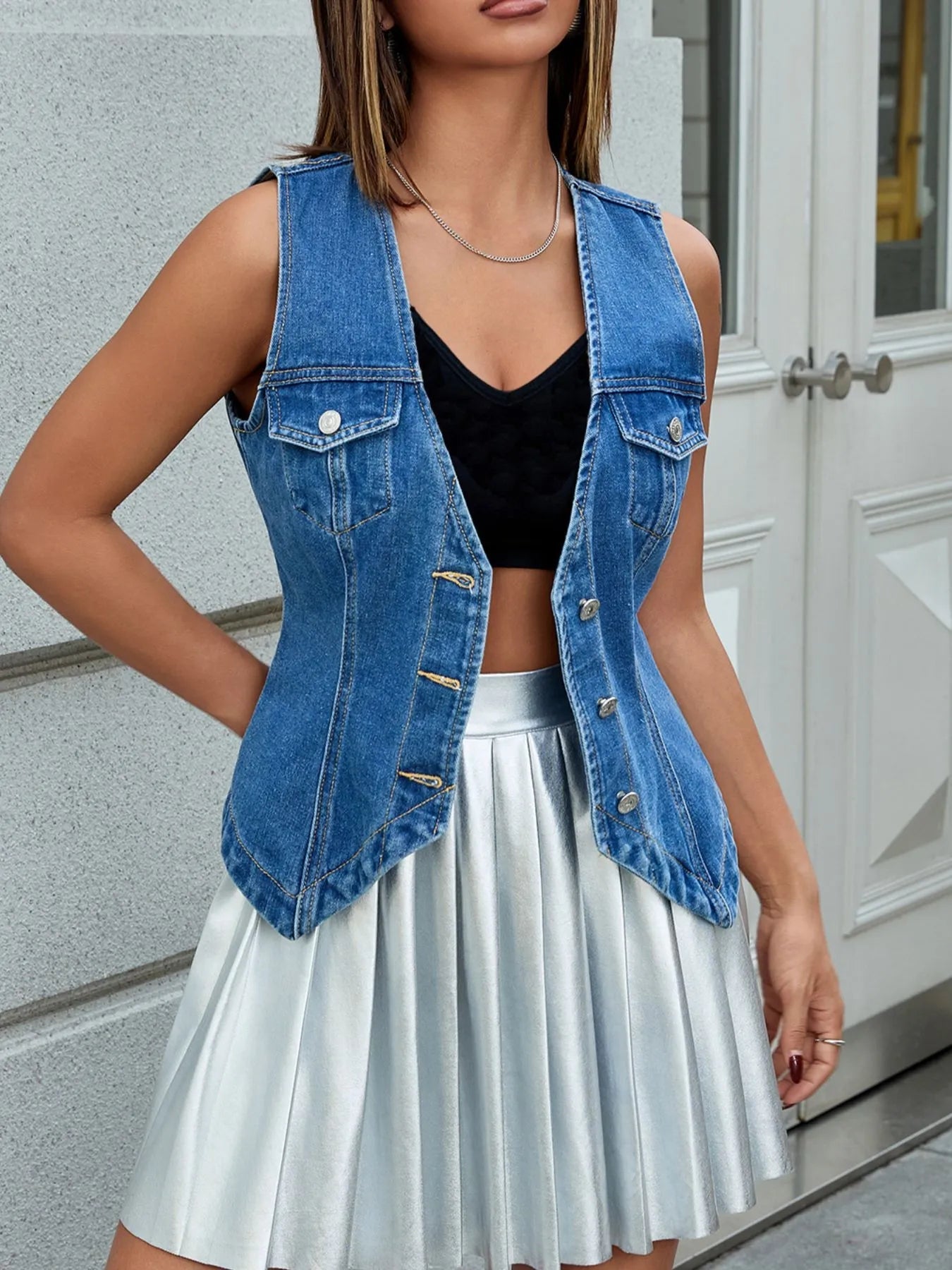 V-Neck Button-Front Denim Vest 
