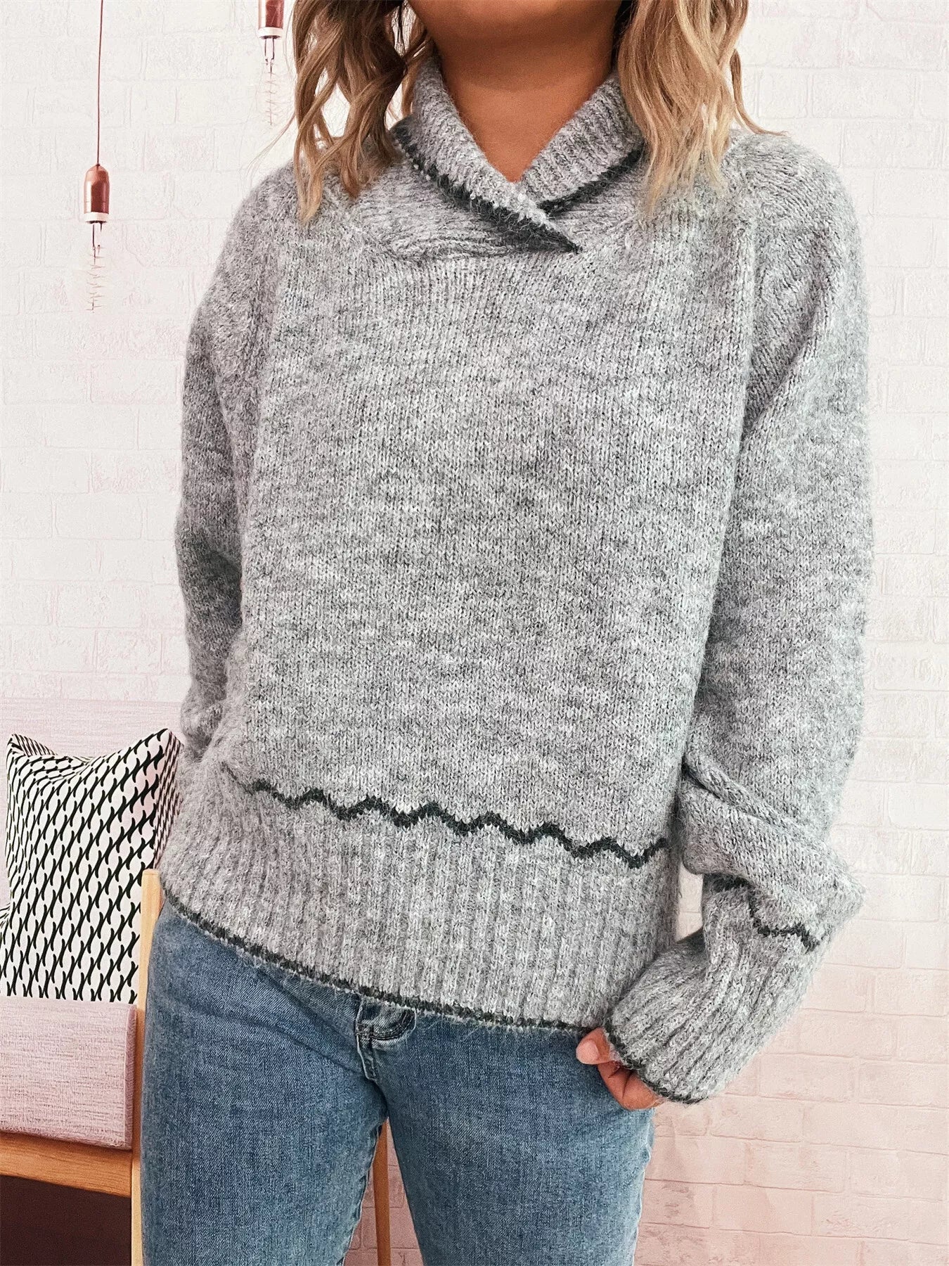 Ribbed Contrast Trim Long Sleeve Sweater 