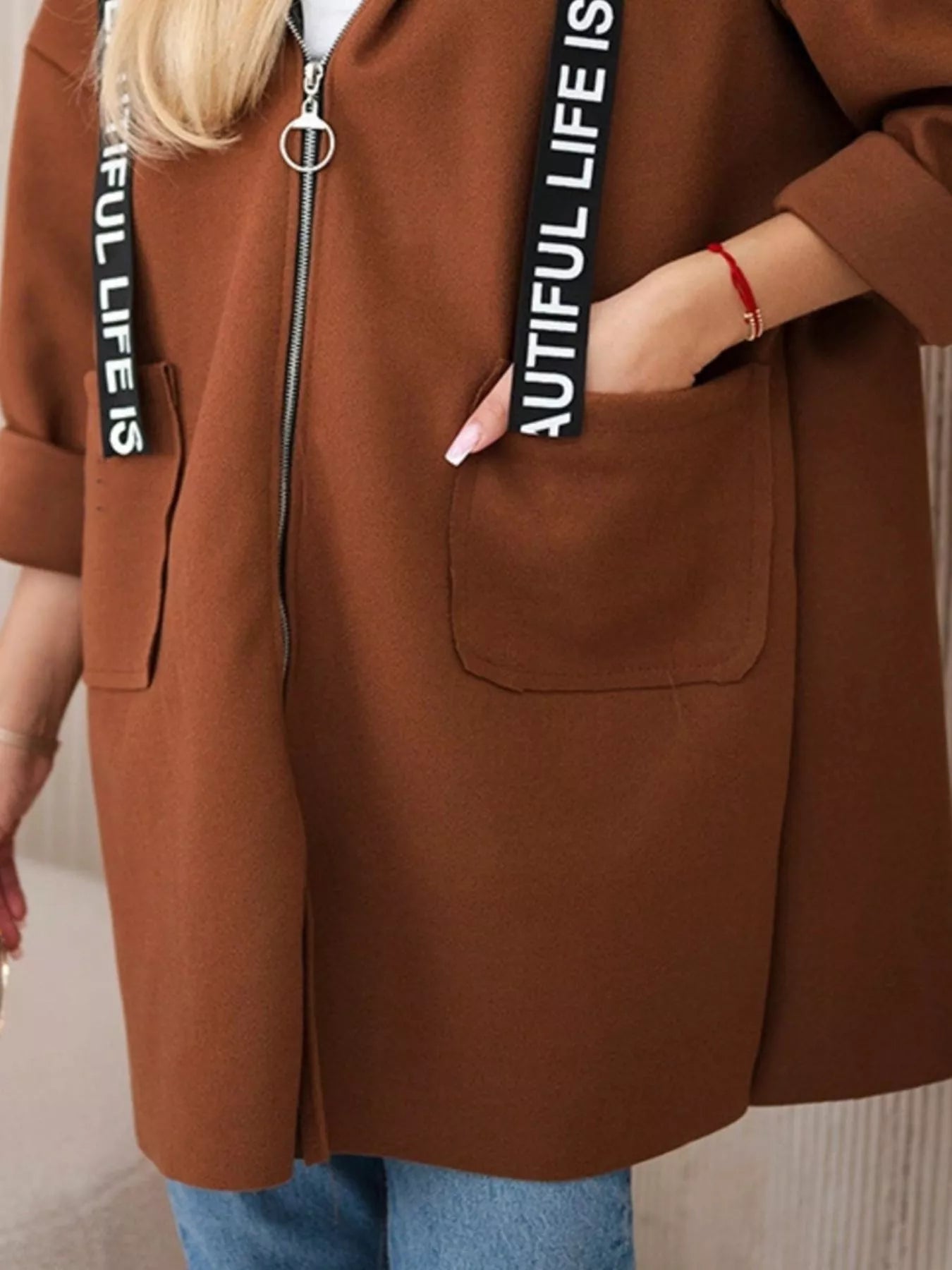 Full Size Hooded Zip-Up Longline Outerwear Plus Size 