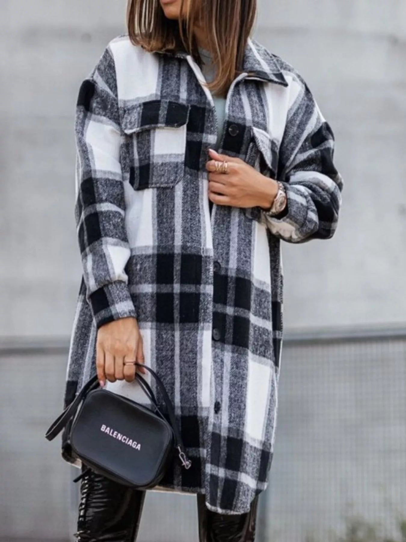 Button Down Collared Neck Plaid Flannel Shacket 